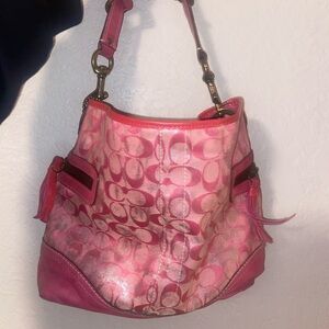 Coach Signature C Pink Metallic w Matching wallet, Coach coin purse and keychain